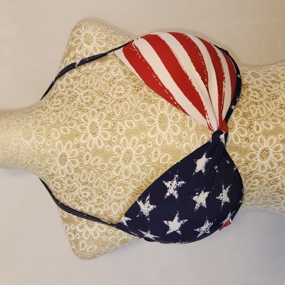 Red White Blue Padded Push-Up Cup Halter Swim Top - Picture 1 of 9